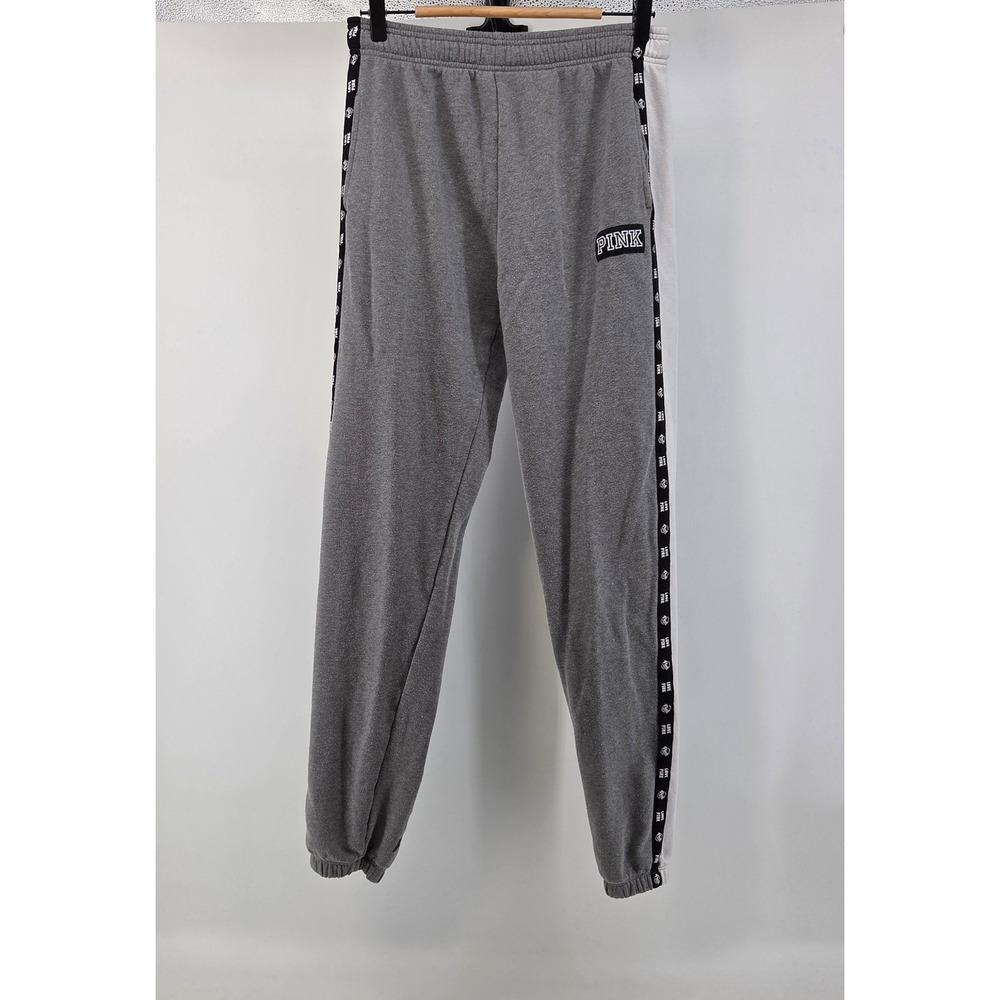 Pink Victoria's Secret Sweatpants Women Small Gray White Logo Tape Joggers Cozy